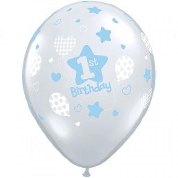 Qualatex - Printed 30cm Balloons - 1st Birthday Soft Patterns - Clear w/Blue - Pkt 25