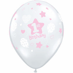 Qualatex - Printed 30cm Balloons - 1st Birthday Soft Patterns - Clear w/Pink - Pkt 25