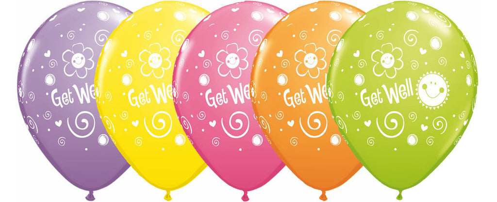Qualatex - Printed 30cm Balloons - Get Well Sun & Flowers - Assortment - Pkt 25