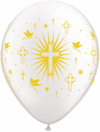 Qualatex - Printed 30cm Balloons - Cross & Doves - White w/Gold - Pkt 25