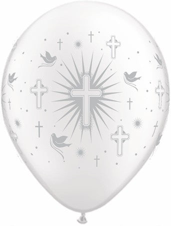 Qualatex - Printed 30cm Balloons - Cross & Doves - White w/Silver - Pkt 25