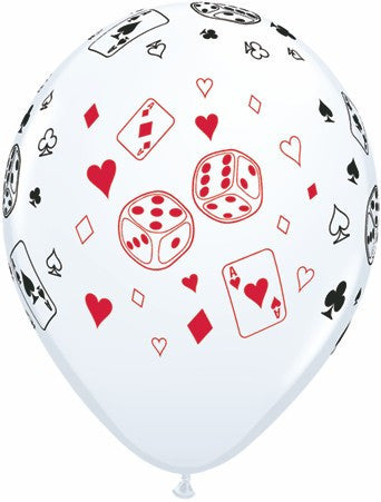 Qualatex - Printed 30cm Balloons - Cards & Dice - White w/Red & Black Print - Pkt 25